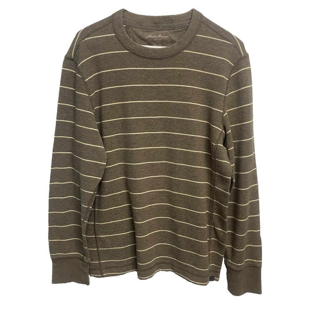 EDDIE BAUER Men's Long‎ Sleeve Thermal Pull-over Sweater Striped Olive Shirt S
